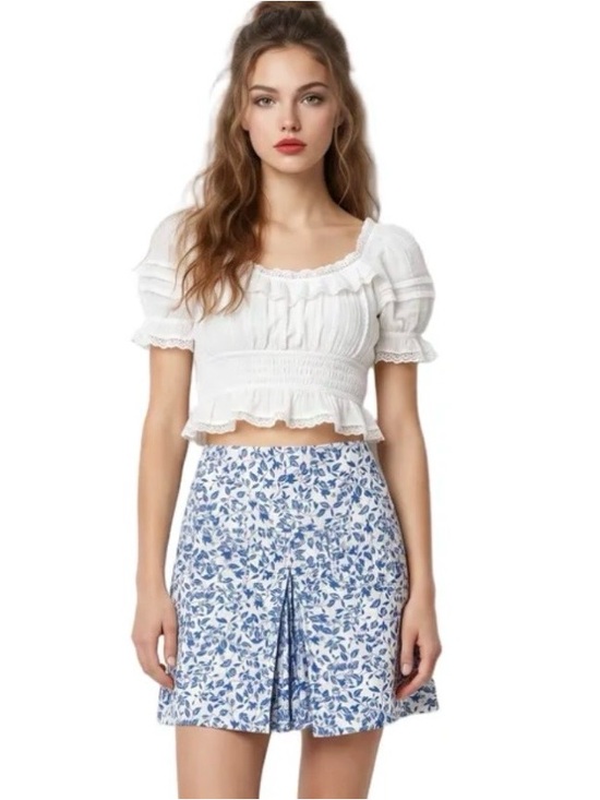 Diane Von Furstenberg Dresses & Skirts - DVF Blue and white Dainty print mini skirt front kick pleat contour waist Aline